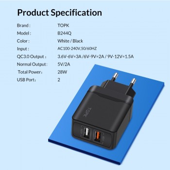 TOPK Quick Charge 3.0 18W QC 3.0 Dual USB Charger Adapter EU Plug Travel Wall Mobile Phone Charger for iPhone Samsung Xiaomi