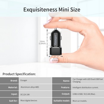 Essager Dual USB Car Charger For iPhone X XS Max Samsung S9 Xiaomi mi Car USB Charger For Phone 2.4A Fast Car Charging Adapter