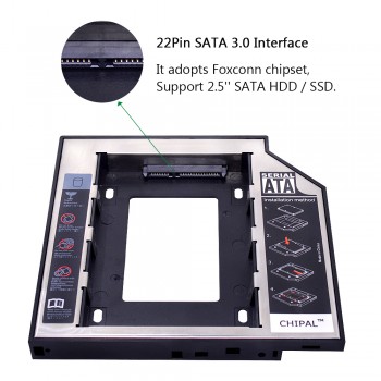 CHIPAL 2nd HDD Caddy 12.7mm Aluminum Optibay SATA 3.0 Hard Disk Drive Box Enclosure DVD Adapter 2.5 SSD 2TB For Laptop CD-ROM