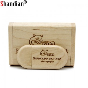 SHANDIAN Customize LOGO wooden + Box Personal LOGO pendrive 4GB 8GB 16GB 32GB usb Flash Drive U disk Memory stick wedding Gift