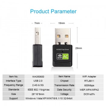 Free Driver Wireless USB Wifi Adapter 600Mbps Lan USB Ethernet 2.4G 5G Dual Band Wi-fi Network Card Wifi Dongle 802.11n/g/a/ac