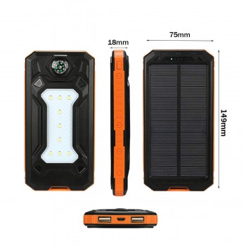 12000mAh Solar Power Bank Portable External Battery Solar Powerbank Charger 2 USB Ports LED lights SOS mode compass for Phone
