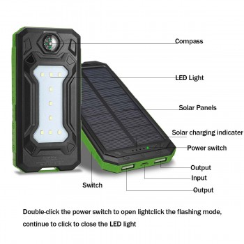 12000mAh Solar Power Bank Portable External Battery Solar Powerbank Charger 2 USB Ports LED lights SOS mode compass for Phone