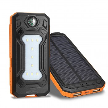 12000mAh Solar Power Bank Portable External Battery Solar Powerbank Charger 2 USB Ports LED lights SOS mode compass for Phone