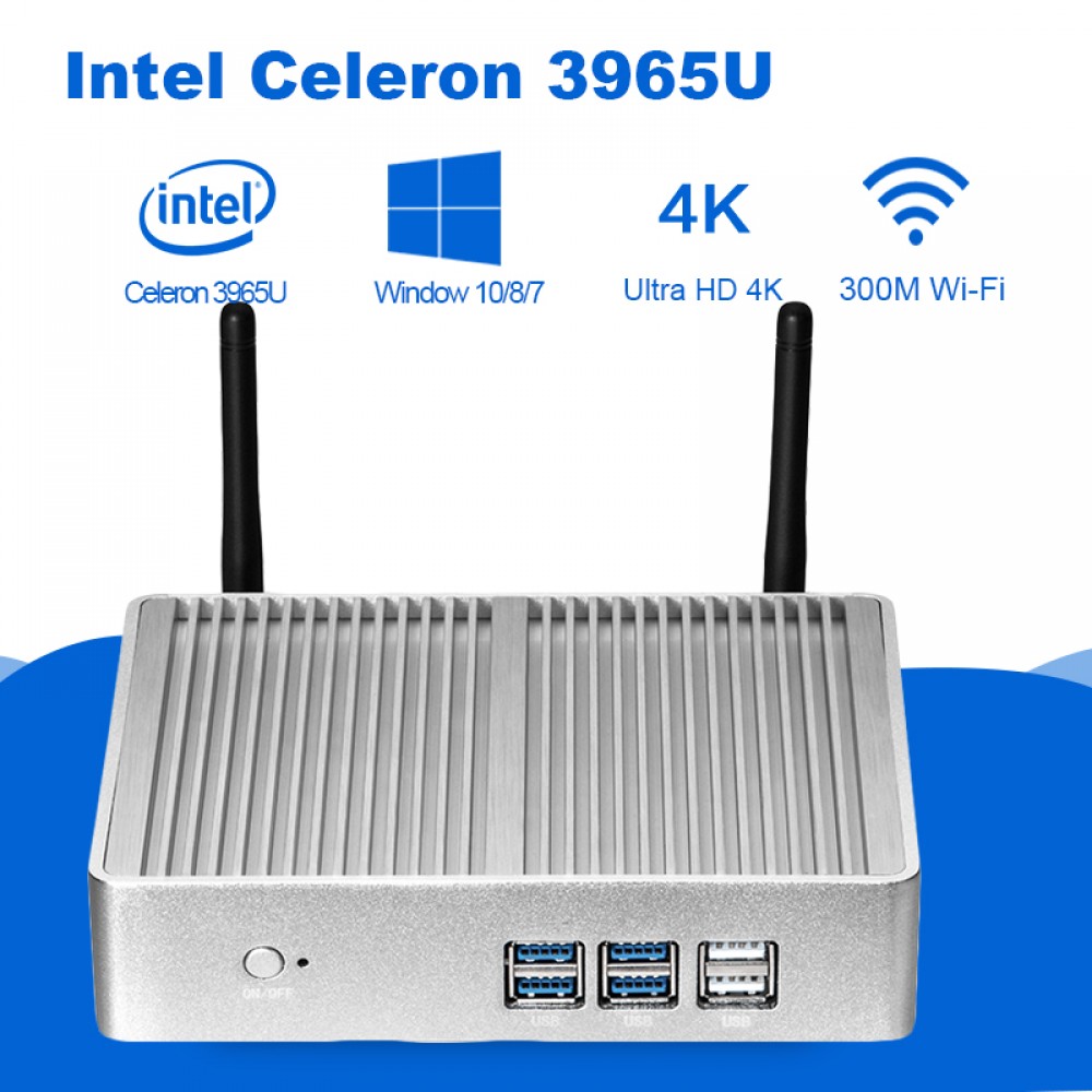 Mini PC Intel Celeron 3965U 4K UHD Intel HD Graphics 610 Windows 10 Dual Core 2.20GHz HDMI VGA Wireless WiFi Fanless Minipc