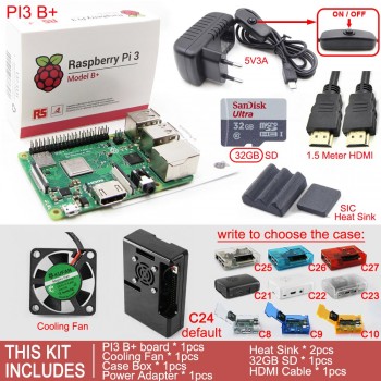 Raspberry Pi 3 Model B+Plus board+Case Box+cooling Fan+SD Card+Heat Sink+AC/DC Power Adapter+HDMI Cable
