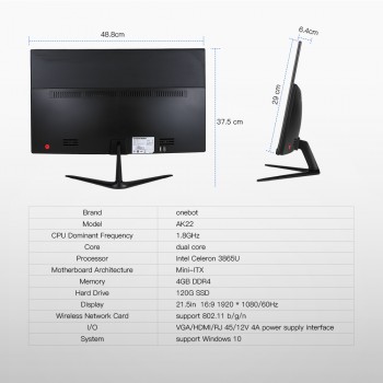 Onebot 21.5in All in One Gaming Desktop Computer Mini PC Dual Core Intel 4GB DDR4 RAM 120G SSD 16:9 FHD 178D angle Office Gamer