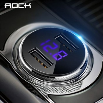 ROCK 5V 3.4A Metal Dual USB Car Charger Digital Display For iPhone X 8 XS MAX 7 Xiaomi Samsung Fast Charging Voltage Monitoring