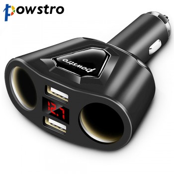 Powstro 5V 3.1A Car Dual USB Charger With 2 Car Lighter Slot Display Charging Voltage Current For iPhone 8 7 6 Samsung S8 S7 S6