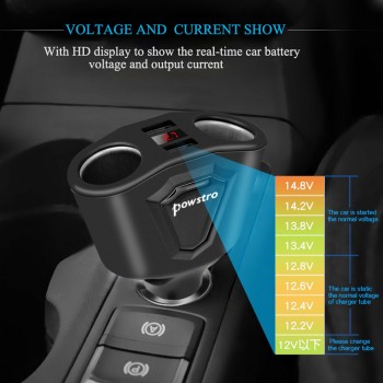 Powstro 5V 3.1A Car Dual USB Charger With 2 Car Lighter Slot Display Charging Voltage Current For iPhone 8 7 6 Samsung S8 S7 S6
