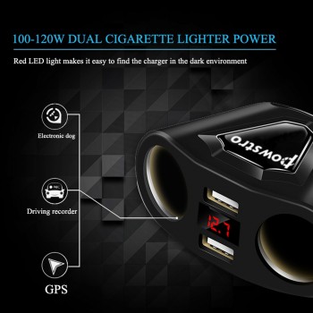 Powstro 5V 3.1A Car Dual USB Charger With 2 Car Lighter Slot Display Charging Voltage Current For iPhone 8 7 6 Samsung S8 S7 S6