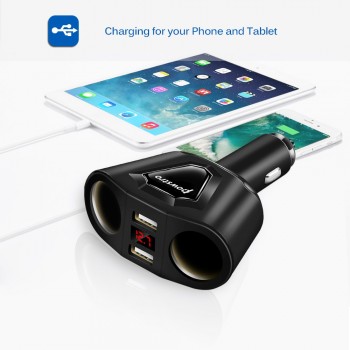 Powstro 5V 3.1A Car Dual USB Charger With 2 Car Lighter Slot Display Charging Voltage Current For iPhone 8 7 6 Samsung S8 S7 S6