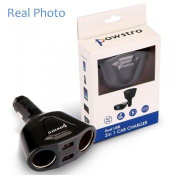 Powstro 5V 3.1A Car Dual USB Charger With 2 Car Lighter Slot Display Charging Voltage Current For iPhone 8 7 6 Samsung S8 S7 S6