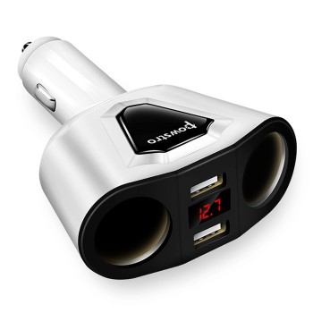Powstro 5V 3.1A Car Dual USB Charger With 2 Car Lighter Slot Display Charging Voltage Current For iPhone 8 7 6 Samsung S8 S7 S6