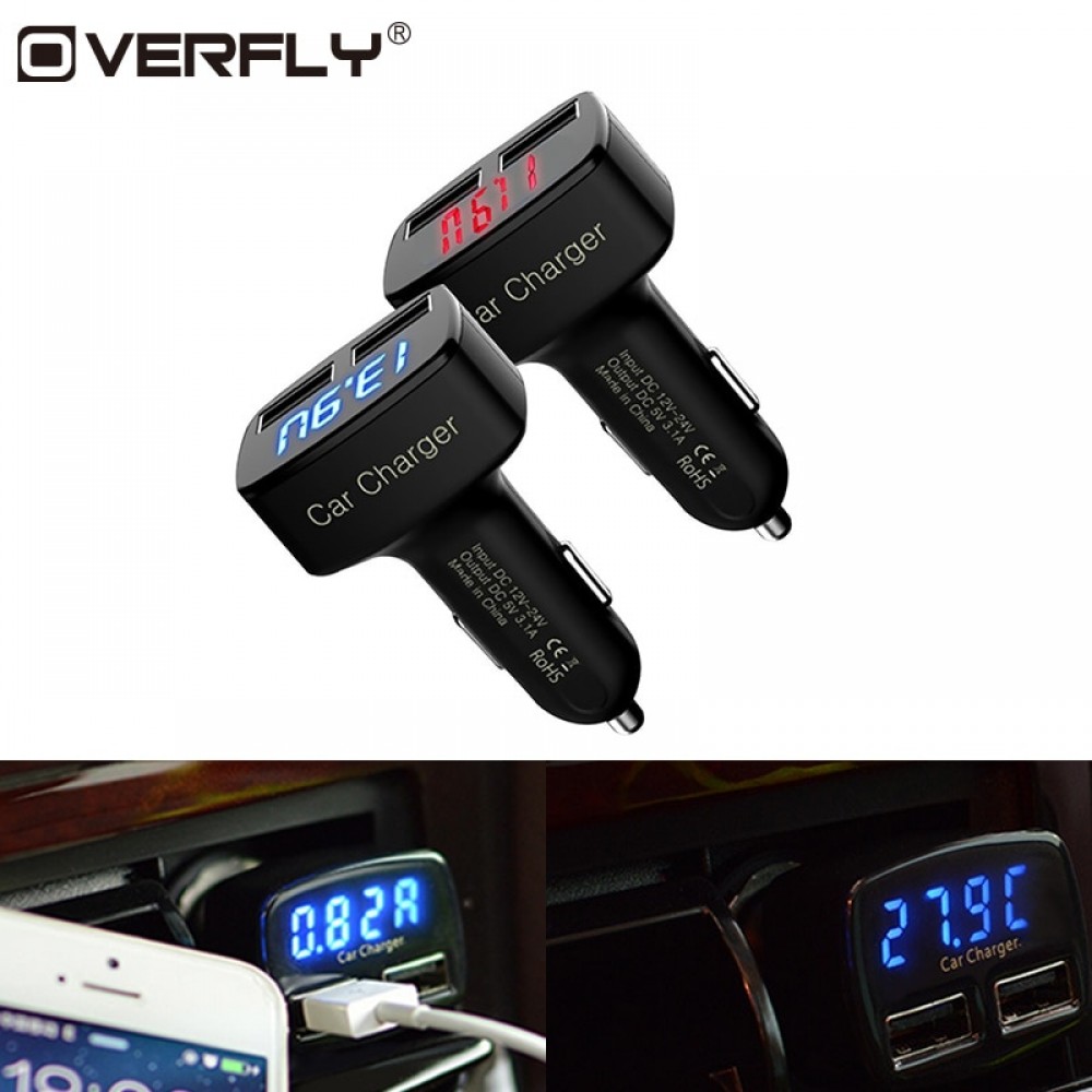 Car Charger 4 in 1 Dual USB DC 5V 3.1A Universal Adapter with Voltage/temperature/Current Meter Tester Digital LED Display