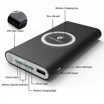 Portable 10000mAh DIY Qi Wireless Power Bank Charger Case Box With USB Type C Port No Battery