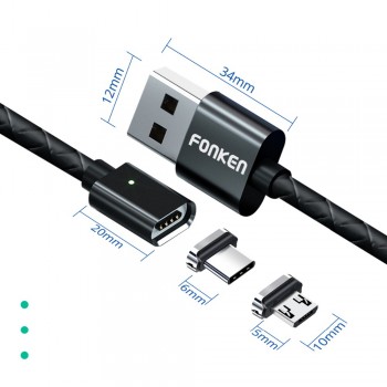 FONKEN Magnetic Micro USB Cable Magnet USB Type C Charging Phone Cable 3A Mobile Quick Charger Cord Android Fast Data Cables