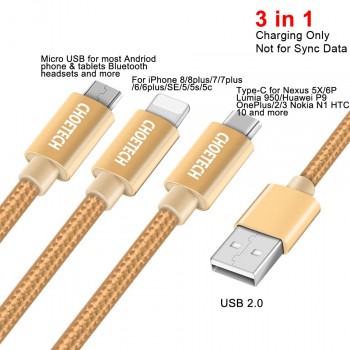 CHOETECH Usb Cable 3 in 1 Multiple Charging Micro Type C Cable 3in1 Mobile Phone USB Cables For iPhone 8 Plus samsung xiaomi