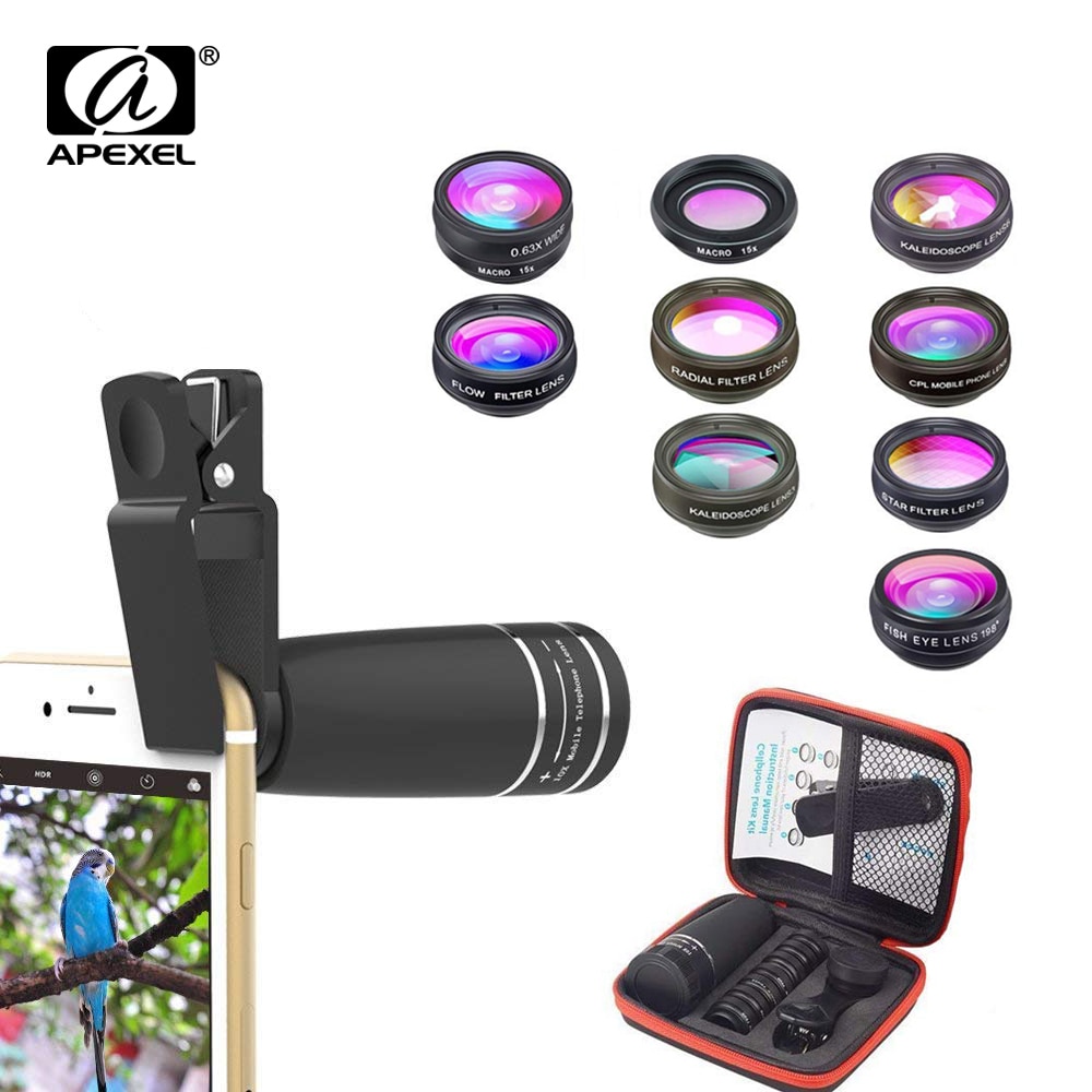 APEXEL 10 in 1  Mobile phone Lens Telephoto Fisheye lens Wide Angle Macro Lens+CPL/Flow/Radial/Star Filter for all smartphones