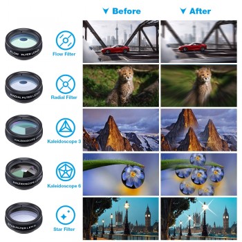 APEXEL 10 in 1  Mobile phone Lens Telephoto Fisheye lens Wide Angle Macro Lens+CPL/Flow/Radial/Star Filter for all smartphones