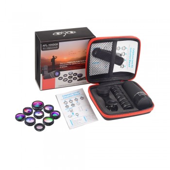 APEXEL 10 in 1  Mobile phone Lens Telephoto Fisheye lens Wide Angle Macro Lens+CPL/Flow/Radial/Star Filter for all smartphones