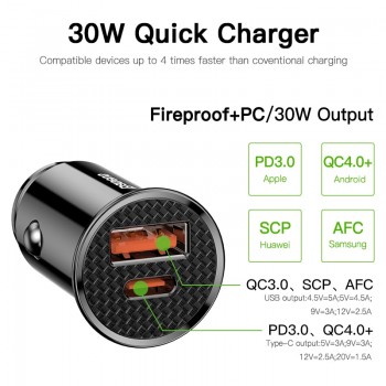 Baseus 30W Quick Charge 4.0 3.0 Car Charger For Samsung Huawei Supercharge SCP USB Type C PD 3.0 Fast Charging Car Phone Charger