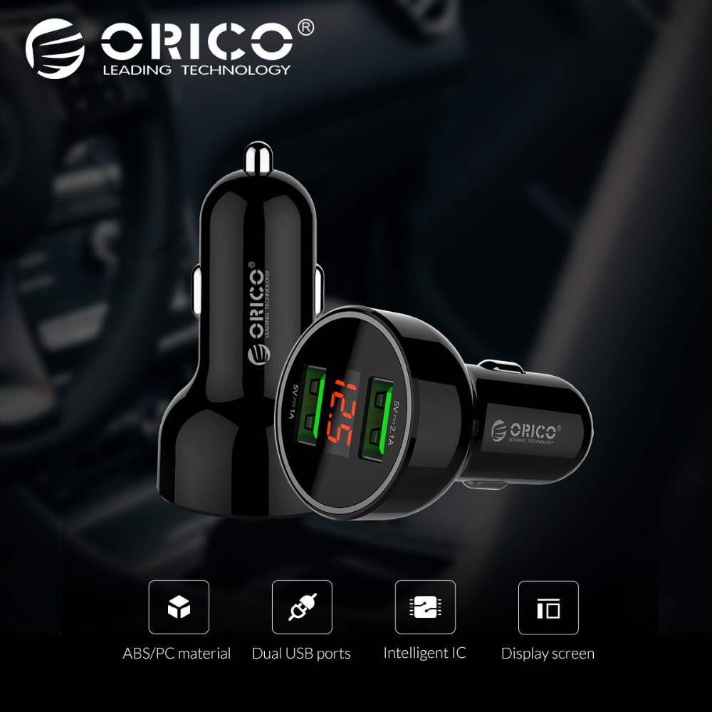 ORICO UPK-2U 15.5W LED Display USB Car Charge ABS Mini Dual USB Charging Phone Charger Car-Charger for iPhone 7 8 Plus Samsung