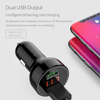 ORICO UPK-2U 15.5W LED Display USB Car Charge ABS Mini Dual USB Charging Phone Charger Car-Charger for iPhone 7 8 Plus Samsung
