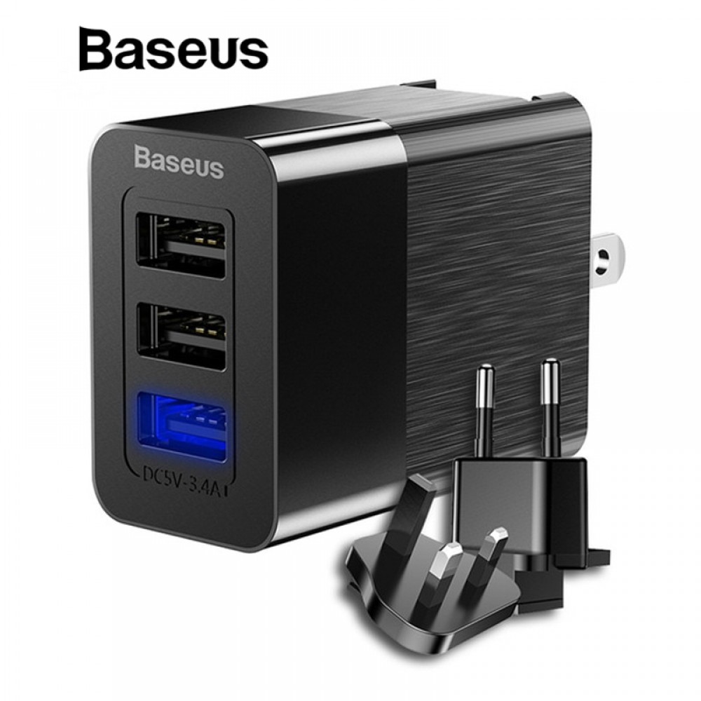 Baseus 3 Port USB Charger 3in1 Triple EU US UK Plug 2.4A Travel Wall Charger Adapter for iPhone Samsung Xiaomi Phone USB Charger