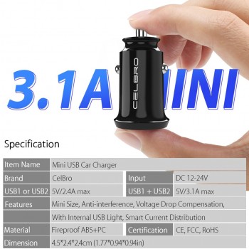 Upgrade Mini USB Car Charger Adapter 15W Car USB Charger for Mobile Phone Apple iPhone Car Charging Dual USB Auto Charger 2 Port
