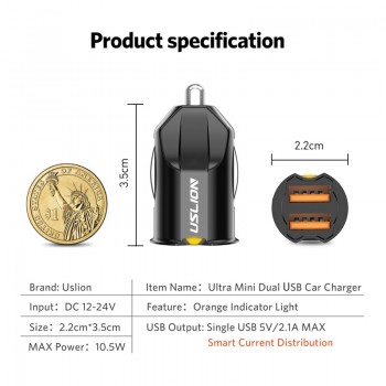 USLION Mini 2 Port USB Car Charger Adapter For iPhone Samsung 2.1A USB Charger Mobile Phone Dual USB Car-charger Auto Charger