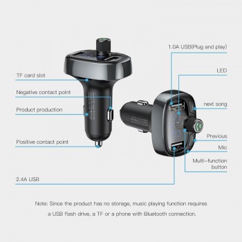 Baseus FM Transmitter Aux Modulator Bluetooth Car Charger Kit Handsfree Audio MP3 Player 3.4A Dual USB Fast Mobile Phone Charger