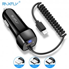 RAXFLY USB Car Charger For iPhone X 7 6 Mobile Phone Car-charger With Micro USB Type C Lighting Cable Phone Adapter For Samsung