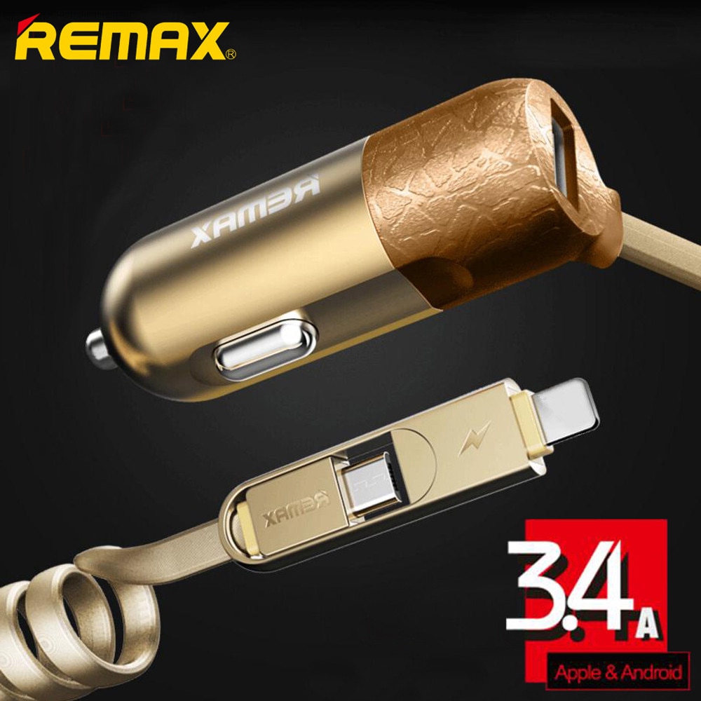 Remax Car Charger Adapter 3.4A with 2 in 1 USB Cable for iPhone 5s 6plus 7 8 micro usb for Samsung Huawei xiaomi LG Car-charger