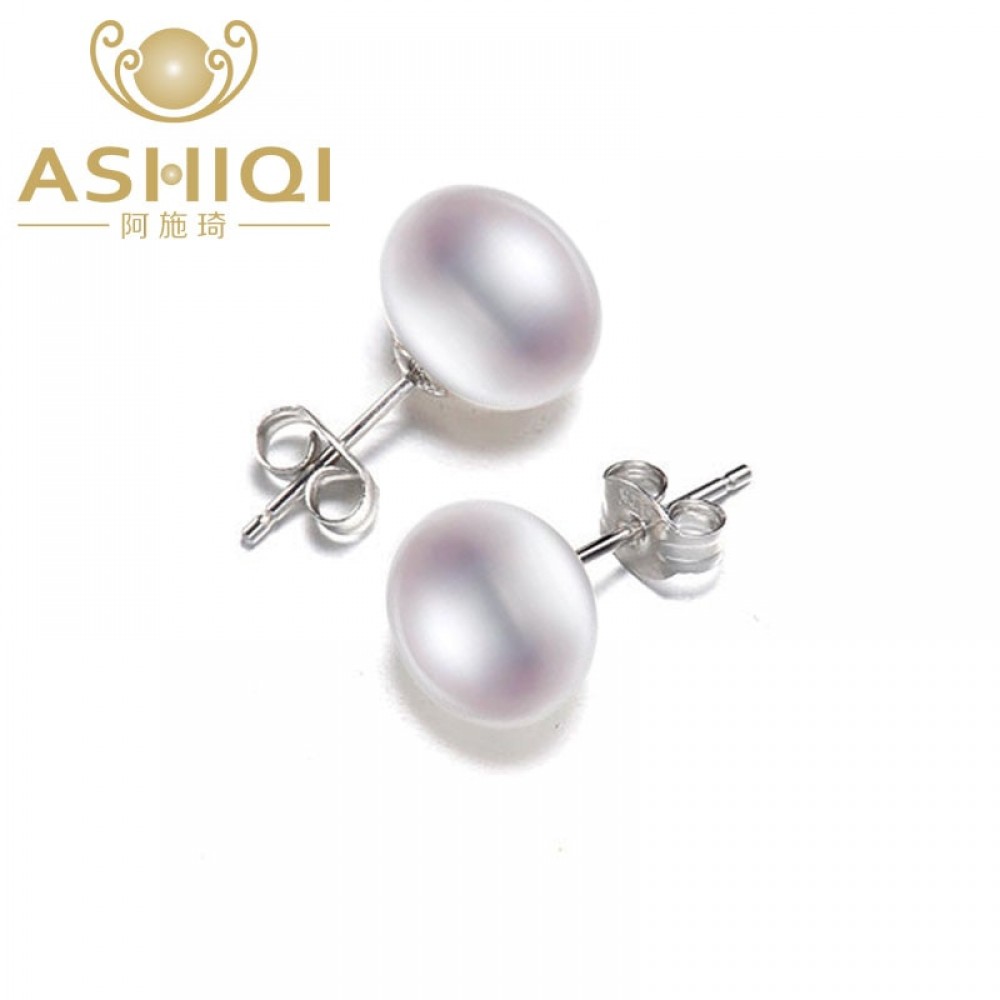 ASHIQI 100% Natural Freshwater Pearl Earrings, Real 925 Sterling Silver Stud earring  7-11mm Pearl jewelry supplier For women