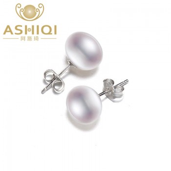 ASHIQI 100% Natural Freshwater Pearl Earrings, Real 925 Sterling Silver Stud earring  7-11mm Pearl jewelry supplier For women