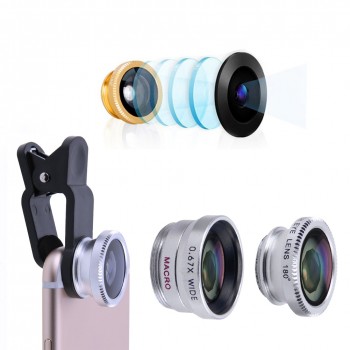 Alloet 3-in-1 Mobile Phone Lens Fish Eye+Wide Angle+Macro Camera Lens Clip Lens Kit Phone Camera Cover For Samsung Huawei Phones