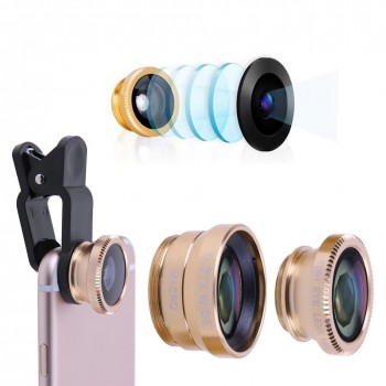 Alloet 3-in-1 Mobile Phone Lens Fish Eye+Wide Angle+Macro Camera Lens Clip Lens Kit Phone Camera Cover For Samsung Huawei Phones