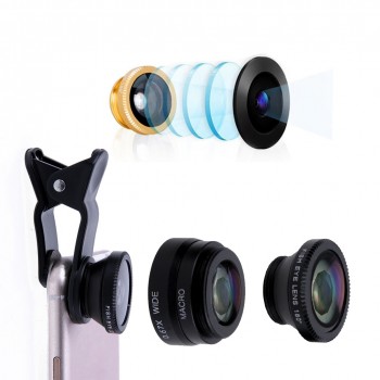 Alloet 3-in-1 Mobile Phone Lens Fish Eye+Wide Angle+Macro Camera Lens Clip Lens Kit Phone Camera Cover For Samsung Huawei Phones