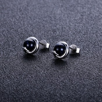 100% 925 Sterling Silver Round Outer Space Stud Earrings Blue Sand Stones Silver Earrings for Women Party Wedding Jewelry