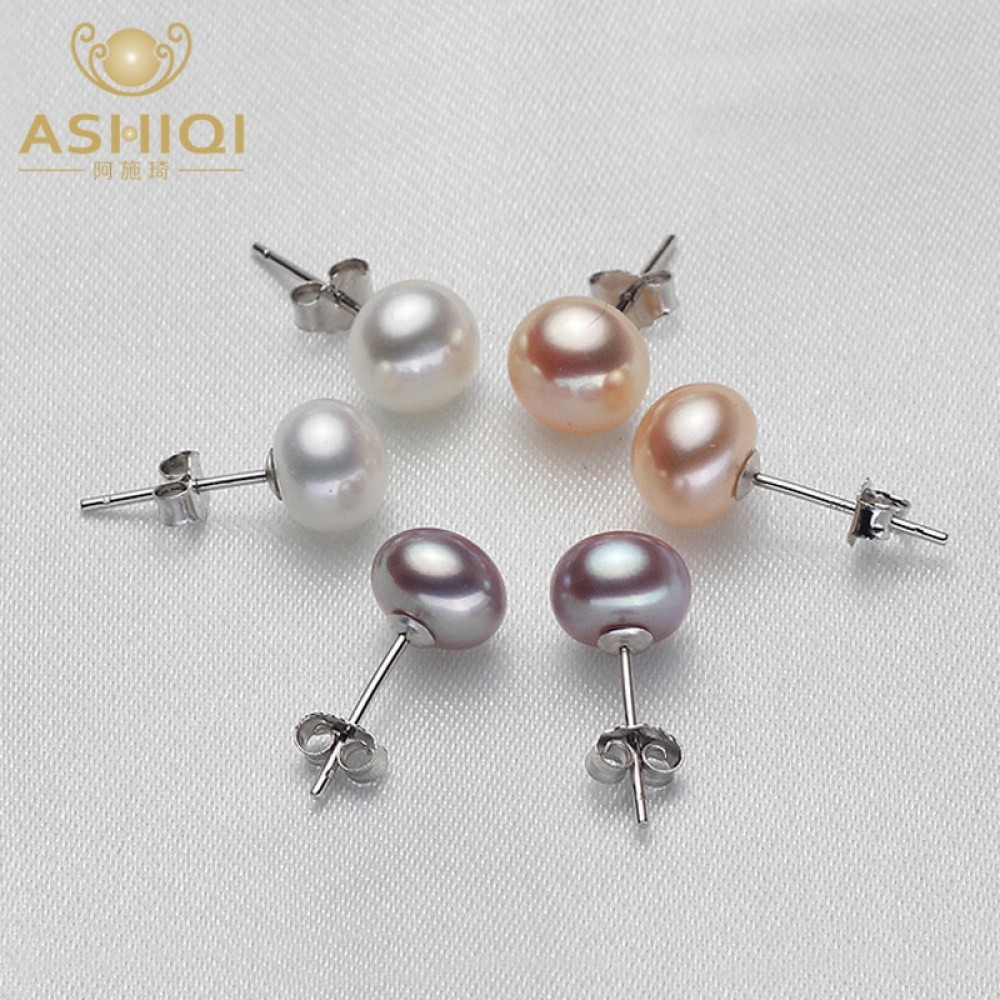 ASHIQI Real Natural Freshwater Pearl Stud earrings 925 Sterling silver earring Modern stylish pearls jewelry for women gift