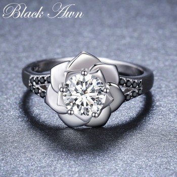 Flower 2019 New Romantic 925 Sterling Silver Fine Jewelry Engagement Black Spinel Engagement  Ring for Women Anillos Mujer G073