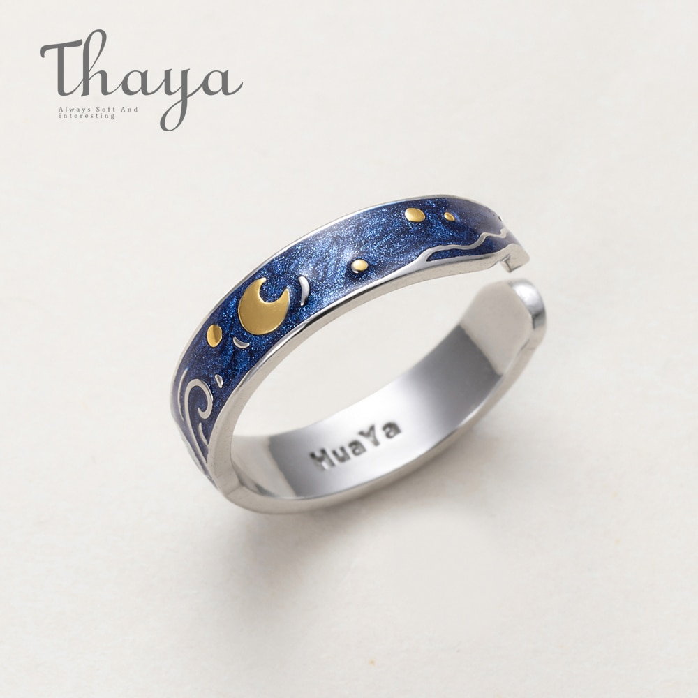 Thaya Genuine Van Goghs Enamel Rings Jewelry 925 Silver Glitter Deer Sky Gold Moon Star Canvas Finger Ring Romantic for Women