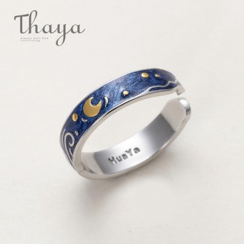 Thaya Genuine Van Goghs Enamel Rings Jewelry 925 Silver Glitter Deer Sky Gold Moon Star Canvas Finger Ring Romantic for Women