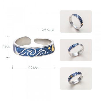 Thaya Genuine Van Goghs Enamel Rings Jewelry 925 Silver Glitter Deer Sky Gold Moon Star Canvas Finger Ring Romantic for Women