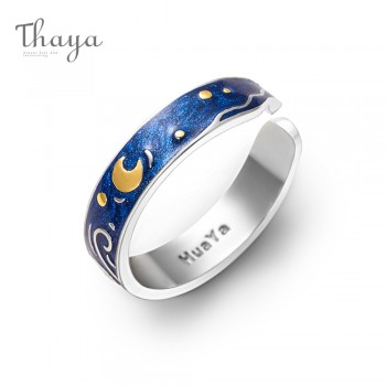 Thaya Genuine Van Goghs Enamel Rings Jewelry 925 Silver Glitter Deer Sky Gold Moon Star Canvas Finger Ring Romantic for Women