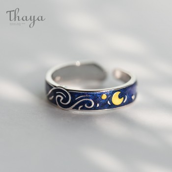 Thaya Genuine Van Goghs Enamel Rings Jewelry 925 Silver Glitter Deer Sky Gold Moon Star Canvas Finger Ring Romantic for Women