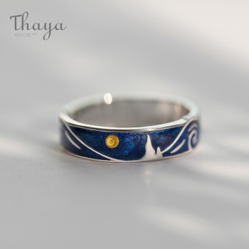 Thaya Genuine Van Goghs Enamel Rings Jewelry 925 Silver Glitter Deer Sky Gold Moon Star Canvas Finger Ring Romantic for Women