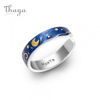 Thaya Genuine Van Goghs Enamel Rings Jewelry 925 Silver Glitter Deer Sky Gold Moon Star Canvas Finger Ring Romantic for Women
