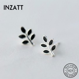INZATT Real 925 Sterling Silver Black Enamel Leaf Stud Earrings Fine Jewelry For Women birthday Party Minimalist Earrings Gift